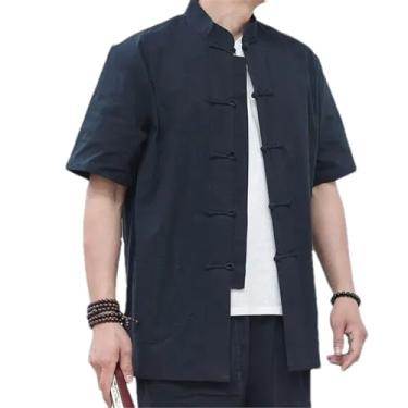 Imagem de Summer Tang Suit Camisa masculina casual linho elástico manga curta botão estilo chinês chá algodão e linho, Azul marinho, 3G