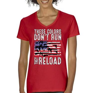 Imagem de Camiseta feminina gola V These Colors Don't Run They Reload 2nd Amendment 2A Second Right American Flag Don't Tread on Me, Vermelho, G