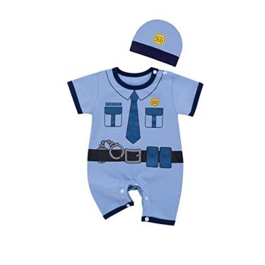 Imagem de Macacão de fantasia de policial infantil para meninos e meninas com chapéu (3 a 6 meses, azul)