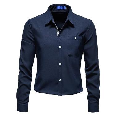 Imagem de Camisa social masculina de manga comprida slim fit abotoada lapela sólida bolso camiseta leve casual, Azul-escuro, G