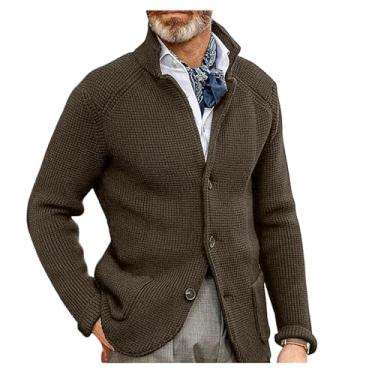 Imagem de Cardigã masculino com gola alta, gola alta, suéter de botão ajustado cor sólida streetwear tops, Café, 3G
