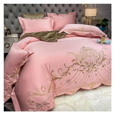 Imagem de Jogo de lençol / lençol com elástico com quatro peças de algodão de alta qualidade capa de edredom para casamento queen (rosa 1,8 m cama 4 peças)