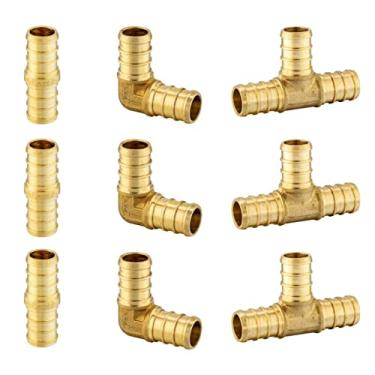 Imagem de (Pacote com 9) EFIELD Mistura de conexões de latão para crimpagem de farpa Pex de 1,9 cm: T, reto, acoplamento, cotovelo de 90 graus (3 peças/cada), latão sem chumbo