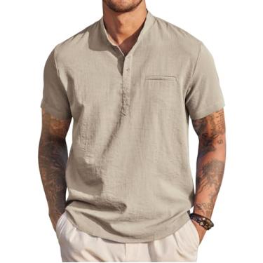 Imagem de COOFANDY Camiseta masculina Henley gola banda manga curta casual verão praia camiseta hippie camiseta moda havaiana, Caqui, XXG