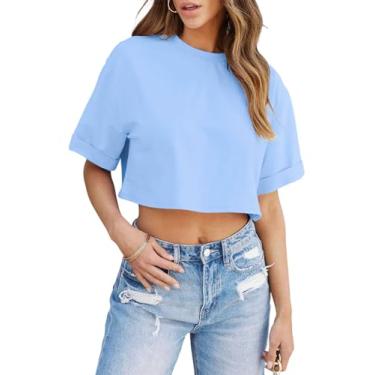 Imagem de Tankaneo Camisetas femininas cropped meia manga ombro caído tops Y2K casual verão básico camisetas, Azul claro, P