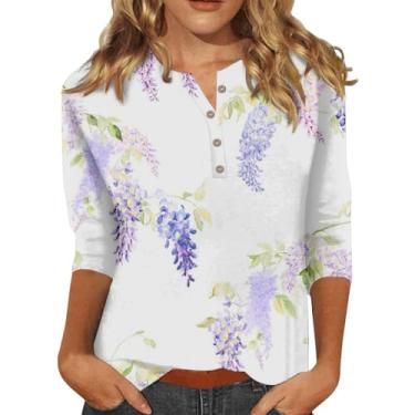 Imagem de Camisetas femininas de manga 3/4 com estampa floral fofa, gola V, túnica solta para sair 2024, Roxa, GG