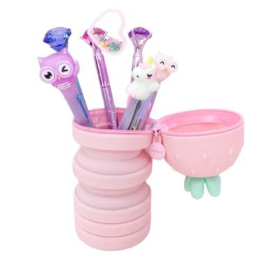 Imagem de Estojo Escolar Fofo Silicone Retrátil Morango Papelaria Coreana Japonesa (Rosa)