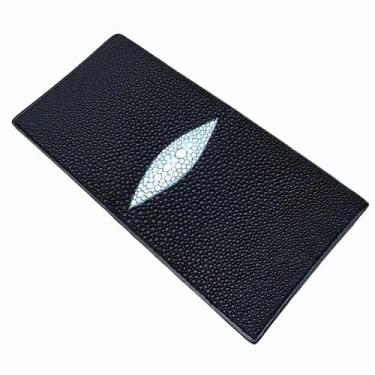 Imagem de Bolsa de mão fina fina estilo unissex autêntica Stingray Skin feminina masculina fina carteira dobrável para cartão de couro genuíno feminino masculino, Preto, Lazer