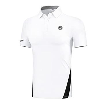 Imagem de Polo de golfe de verão masculino tops de manga curta respirável camiseta casual de secagem rápida patchwork camisetas elásticas jersey absorvente de umidade, branco, M (peito: 100cm)