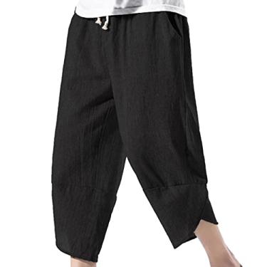 Imagem de Yoyorule Nova calça casual de verão de seda gelada masculina moderna de algodão e linho calças harém retrô tendência masculina calça cropped estrela, Preto, 3G