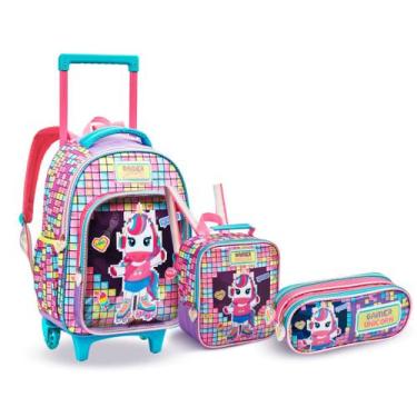 Imagem de Kit Mochila Rodinha Gamer Unicórnio Meninas Escolar - Denlex