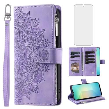 Imagem de Asuwish Capa de telefone para Samsung Galaxy A06 capa carteira com protetor de tela de vidro temperado alça de pulso mandala flor couro flip zíper celular A 06 GalaxyA06 mulheres homens roxo