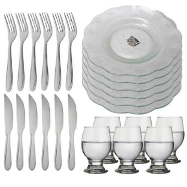 Imagem de Aparelho De Jantar 24 Peças Jogo De Pratos De Vidro Talheres Copos Pre