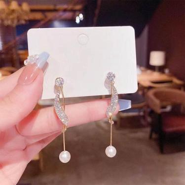 Imagem de Brinco Festa Feminino Delicado Pérola Strass Gota Luxo Pinge - anjo da