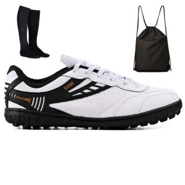 Imagem de Kit Chuteira Futebol Society Couro Campo Grama Sintetica + Mochila + M