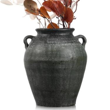 Imagem de Mimorou Vaso de cerâmica grande com 2 alças de 28 cm de altura Vaso rústico vintage de terracota flor de cerâmica decorativa para mesa de casa, prateleira de bancada, decoração de sala de estar (preto