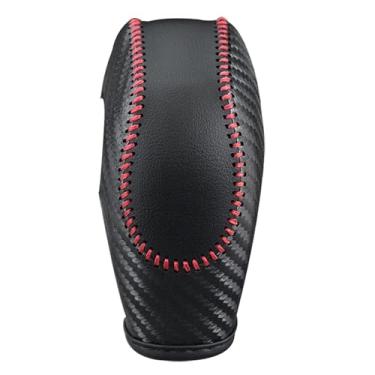 Imagem de RAGBUSCLE Tampa dos botões de câmbio do manípulo do manequim do carro, alavanca do câmbio de couro, Compatível com Ford Fusion Fiesta Focus Transit Van Escape Edge, Fibra de carbono costura vermelha