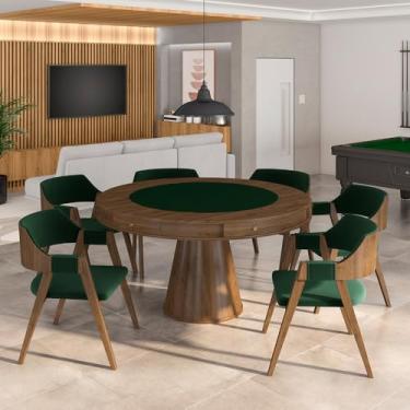 Imagem de Conjunto Mesa de Jogos Carteado Bellagio Tampo Reversível e 6 Cadeiras Madeira Poker Base Cone Veludo Verde/Nogueira G42 - Gran Belo