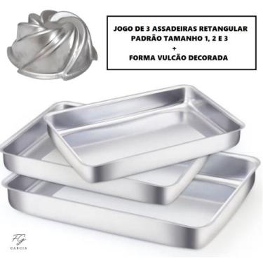 Imagem de Kit De 1 Jogo Assadeira Retangular N. 1, 2 e 3 + 1 Forma Decorada Bolo