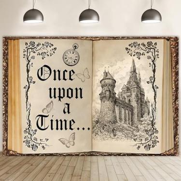 Imagem de Renaiss 1,5 x 0,9 m, livros de contos de fadas, pano de fundo, livro de histórias, país das maravilhas antigo, livro mágico aberto, tema Once Upon A Time, casamento, aniversário, meninas, chá de bebê,