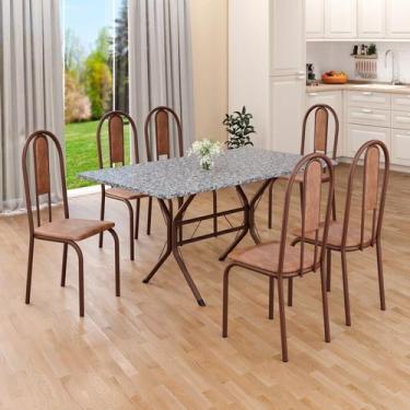 Imagem de Conjunto Sala de Jantar Mesa Retangular 140x75cm Tampo Granito Ocre 6 