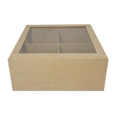 Imagem de Caixa Tampa Dobradiça com Vidro e 4 Divisorias 20x20x10 Mdf Madeira - 