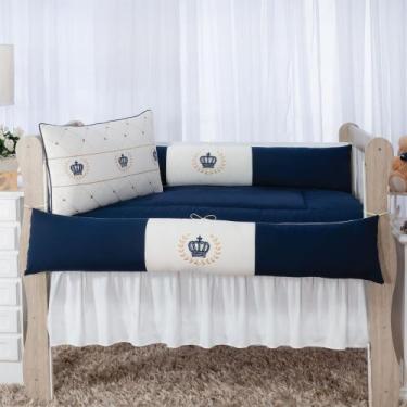 Imagem de Kit enxoval para berço 502 bordado coroa marinho luxo com babado berço
