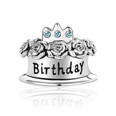 Imagem de MiiFort Pingentes de bolo de feliz aniversário com pedras de nascimento compatíveis com pingentes Pandora Moments Braceletes vela coroa celebração contas, Metal, Zircônia cúbica