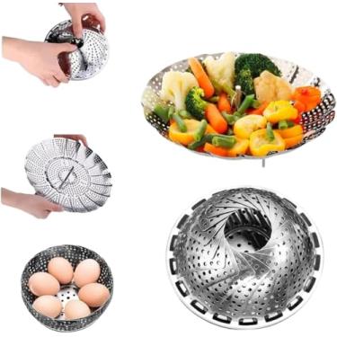 Imagem de Cesto Cozedor Retrátil de Inox Para Cozimento a Vapor Compatível com Vários Tamanhos de Panela Ideal Para Legumes Verduras Frutos do Mar Preserva Nutrientes Sabor e Textura Com Praticidade e Saúde