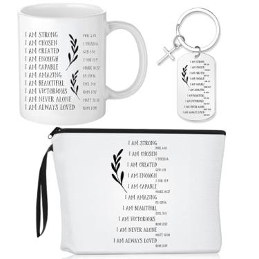 Imagem de Meanplan 3 peças de presentes cristãos de Natal para mulheres bolsa de lona religiosa versículo bíblico bolsa de maquiagem 325 ml caneca de café inspiradora caneca de cerâmica fofa cristã chaveiro