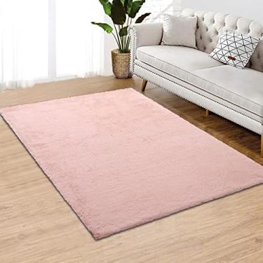 Imagem de Fashionwu Tapete de pele sintética, tapetes de cabeceira de pele de carneiro felpudos, tapete felpudo macio antiderrapante para decoração de sala de jantar, tapete de chão, rosa, 7,5 x 12 cm