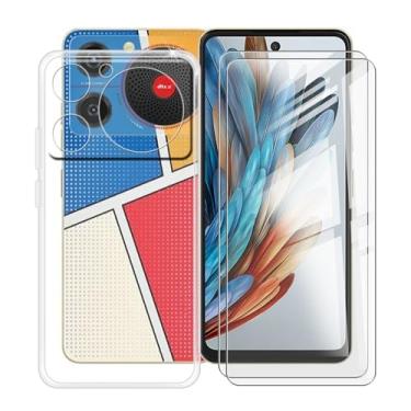 Imagem de HGJTFANY Capa de telefone para ZTE Nubia Music Z2353 (6,6 polegadas) com 2 películas de vidro temperado, transparente [antiarranhões X à prova de choque] Capa protetora de TPU macio para ZTE Nubia
