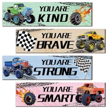Imagem de 4 peças de decoração de quarto de caminhão monstro para crianças, meninos, decoração de parede com design de madeira, pôsteres motivacionais de arte de caminhão monstro para quarto de crianças,