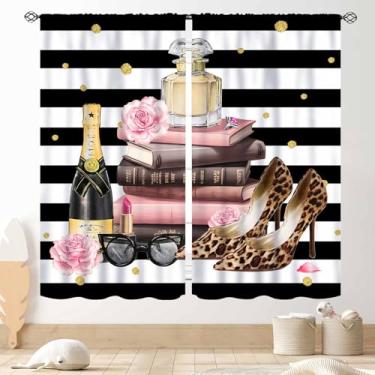 Imagem de Cortinas femininas modernas, listras pretas e brancas rosa perfume feminino livros de revistas rosa floral moderna romântica cortina de janela tratamentos para quarto, sala de estar, banheiro, 2