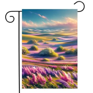 Imagem de ShineSnow Flores roxas campo lilás lindo conto de fadas primavera paisagem jardim quintal bandeira 30.5 cm x 45.7 cm dupla face poliéster bem-vindo bandeira casa bandeiras para pátio gramado exterior