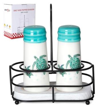 Imagem de Conjunto de saleiro e pimenteiro com suporte – Recipientes de sal de cerâmica HAPPY KIT Turtle com fundo recarregável e funil para mesa, trailer, acampamento, churrasco, conjunto de 2