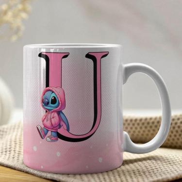 Imagem de Caneca De Porcelana Stitch Letras A-z 325ml Rosa U