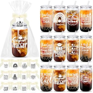 Imagem de Teenyyou 12 conjuntos de presentes de agradecimento de professores a granel 473 g copos de plástico transparente Manson reutilizáveis com canudo de tampa, cartão de agradecimento e sacos de opp para