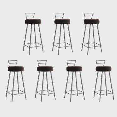 Imagem de Kit 07 Banqueta Alta Com Encosto Tina Eiffel Cozinha Bar Bistrô Ferro Cinza Corino Marrom - Ahz Móveis