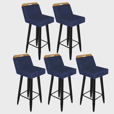 Imagem de Kit 05 Banqueta Alta Encosto Lith Para Cozinha Bar Balcão Bistrô Pé Palito Preto Suede Azul Marinho - Ahz Móveis