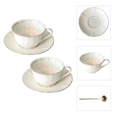 Imagem de Conjunto de xícara de chá e pires de porcelana floral vintage com colher, acabamento dourado, 181 g - conjunto de 2, azul claro - xícaras de chá, café expresso e café (2, azul claro)