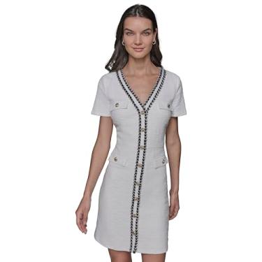 Imagem de KARL LAGERFELD Minivestido feminino de manga curta com gola V em cores contrastantes, Branco macio, 50