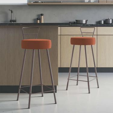 Imagem de Kit 02 Banqueta Alta Com Encosto Tina Eiffel Cozinha Bar Bistrô Ferro Marrom Corino Laranja - Ahazzo Móveis