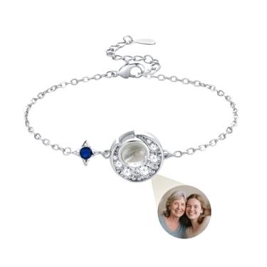 Imagem de BELELA Pulseira de prata esterlina 925 personalizada para mulheres, pedra de projeção maior e mais brilhante de 7 mm, pulseira de elos com pingente de lua estrela, joia personalizada, presentes para