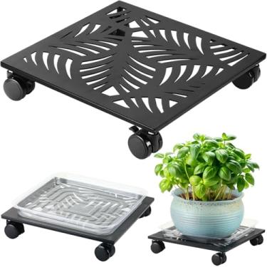 Imagem de 1 pacote de 30,5 cm de metal quadrado para plantas com rodas grande suporte de rolamento de ferro com rodízios para plantas pesadas, base de rolo para uso interno e externo, preto