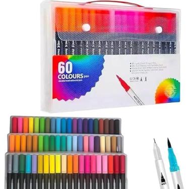 Imagem de Kit 60 Cores Canetas Ponta Dupla 1-2MM 0,4MM Lettering Ilustração Pintura Material Escolar Desenho Profissional Artistico Infantil Estojo Maletapincel