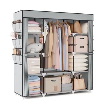 Imagem de VTRIN Guarda-Roupa Portátil Para Pendurar Roupas, Cabideiro De 57,3 Polegadas Grande Capacidade Com Capa, 10 Prateleiras Organizadoras Armazenamento, 1 Haste E 6 Bolsos, Armário Independente Quarto,