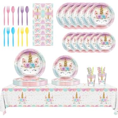 Imagem de Mocsicka Decorações De Festa Aniversário Unicórnio Para Meninas. Artigos Em Tons Pastéis E Arco-Íris. Pratos, Guardanapos, Garfos, Canudos, Copos Papel Toalhas Mesa. Até 16 Pessoas.