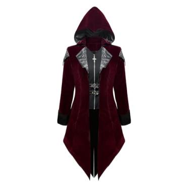 Imagem de ZNZHKR Casaco Steampunk gótico masculino | Jaqueta de vampiro medieval com acabamento de veludo renascentista trench cosplay, Vermelho, P