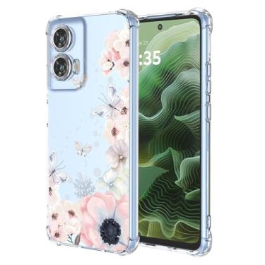 Imagem de RRXSYXL Capa para Moto G35 5G com estampa floral transparente, capa macia à prova de choque para Motorola G35 5G, borboletas de flores rosa